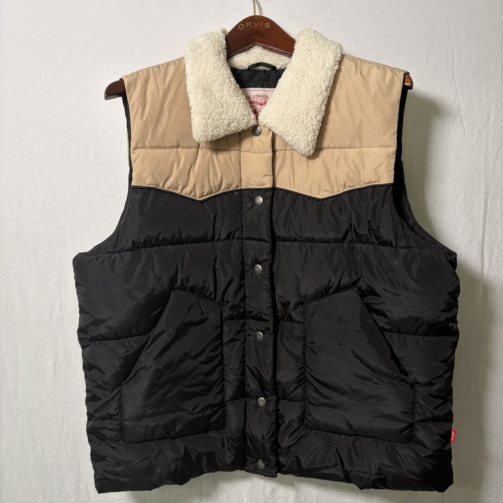 Signature By Levi Strauss‎ & Co. Womens Black Beige Quilted Puffer Vest Sz Large